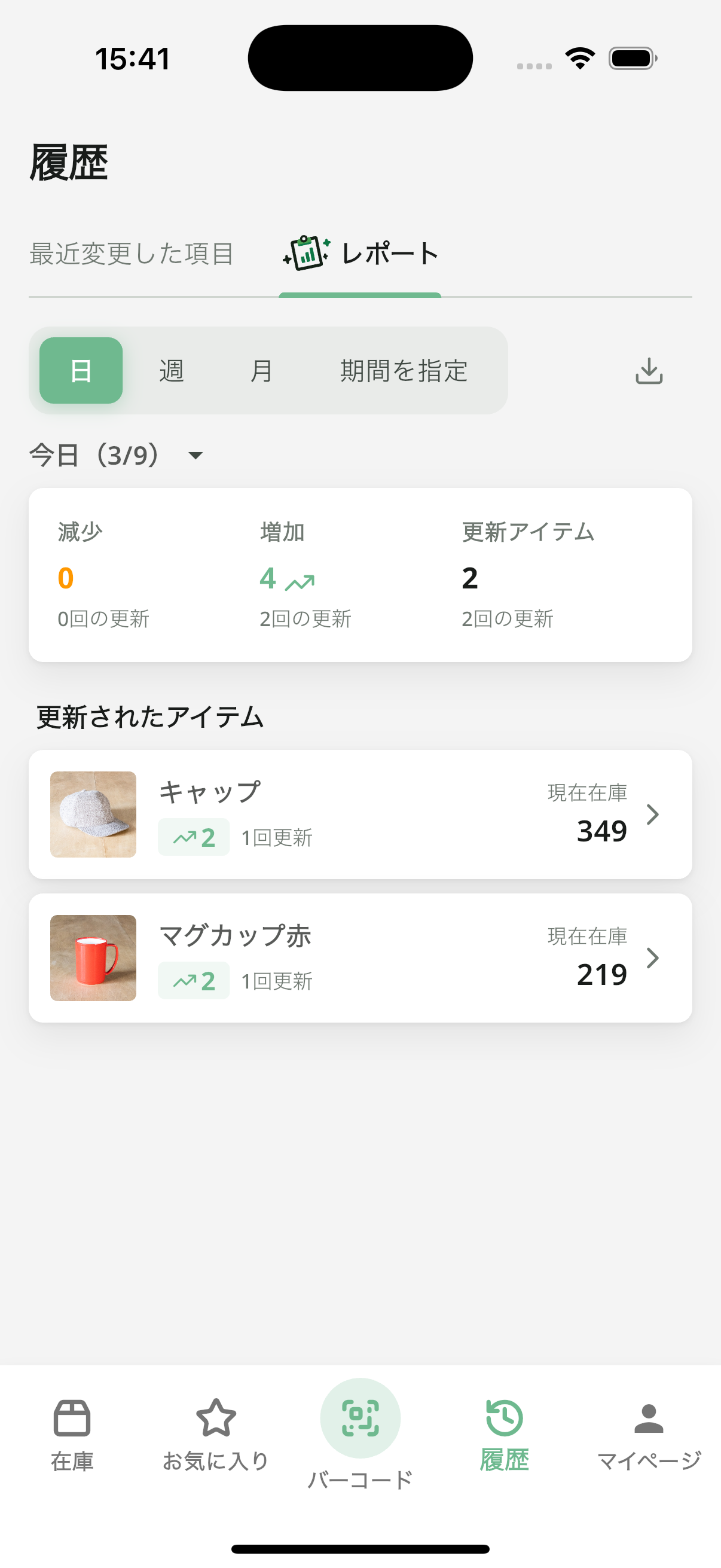 レポート画面（日次ビュー）